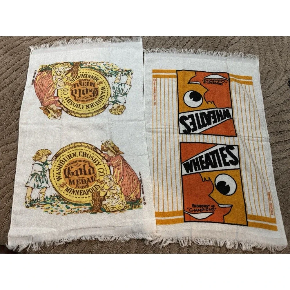 3 Vintage 1990 Kitchen Towels Wheaties, Golden Medal Flour  And Hershey’s Cocoa
